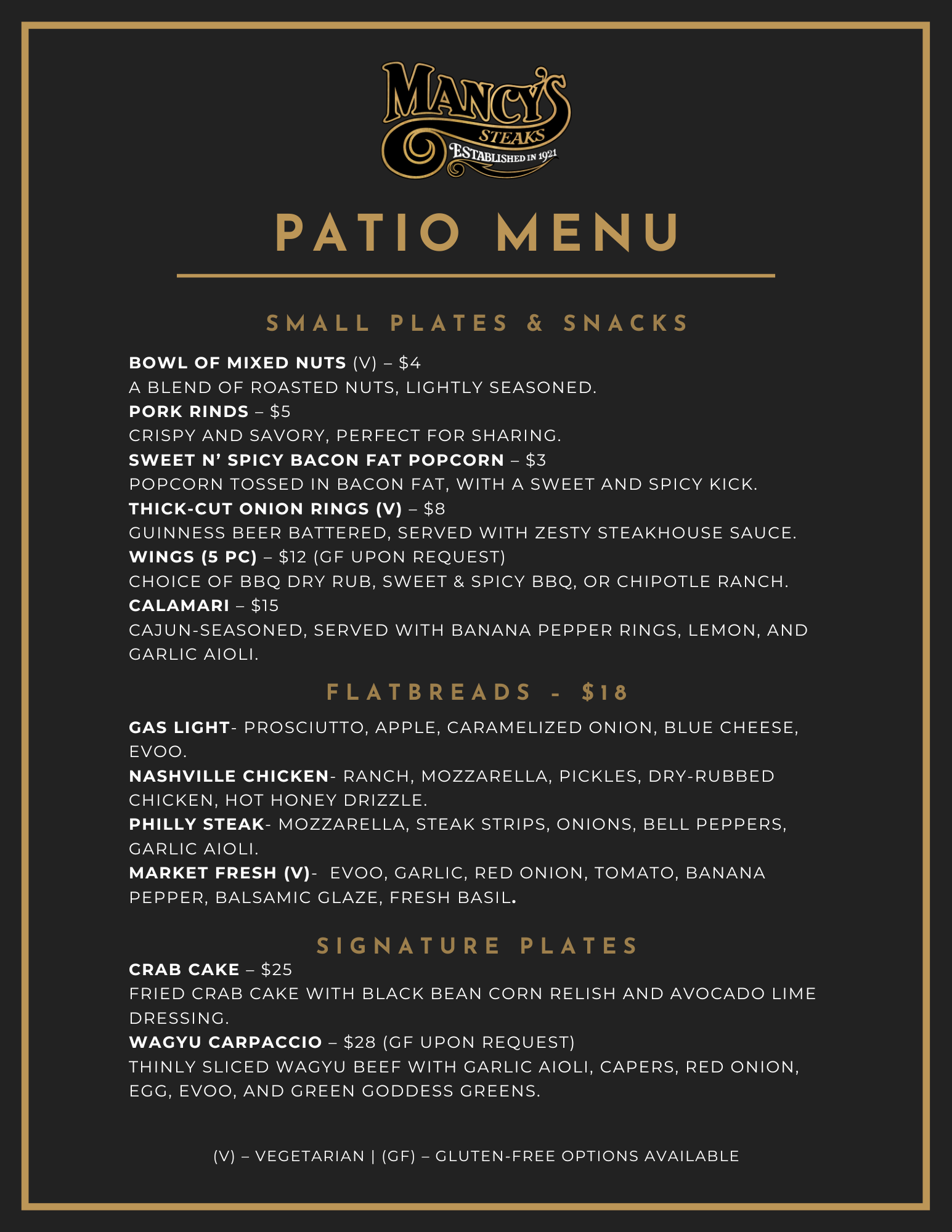 mancys steakhouse summer 2025 patio dining menu